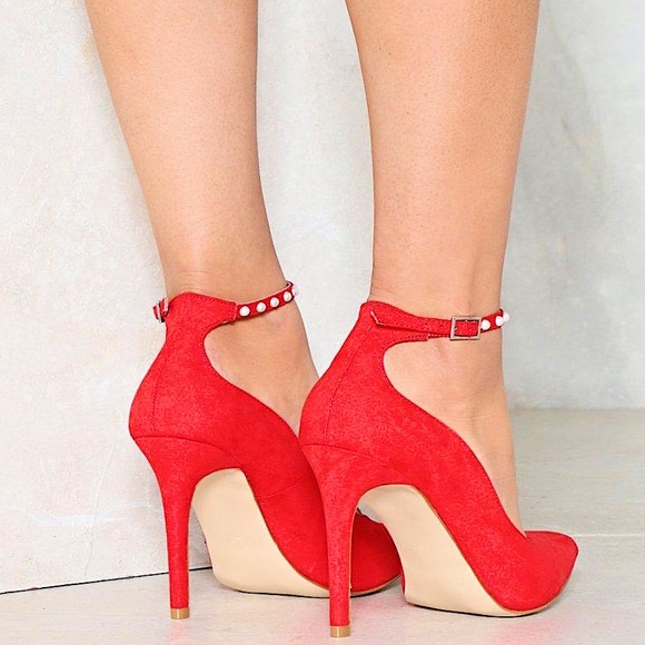 Nasty Gal Truffle Collection Red Pointed Toe Heels w/ Pearl Studded Ankle Straps - Picture 3 of 16